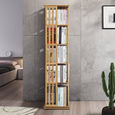 a bookshelf in the corner of a room with a cactus next to it