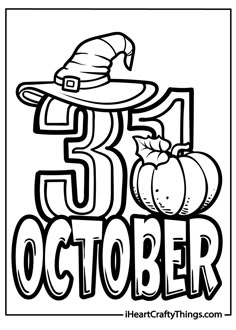 a coloring page with the words october and an image of a witch's hat