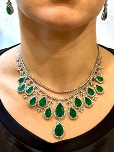 For Sale on 1stDibs - 75 Ct Zambian Emerald and 30 Ct Diamond Necklace and Earring Bridal Suite Emeralds are Zambians. 23x14 larges pear shape 19X13.5 next size which is a Earring Bridal, Zambian Emerald, Emerald Necklace, Bridal Suite, Emerald Jewelry, Drop Necklace, Bridal Earrings, Pear Shape, Pear Shaped