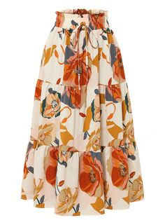 Women's Floral Print Skirt Fake Drawstring Pleated Elastic Waist Ruffle Hem Ladies Summer A-Line Skirts Beige Casual,Elegant   Polyester Colorblock,Floral,Tropical,Plants,All Over Print,Random Print A Line,Flared Non-Stretch Fall,Spring,Spring/Fall,Summer,Winter,All,Spring/Summer,Fall/Winter,Spring/Summer/Fall Women Clothing, size features are:Bust: ,Length: ,Sleeve Length: Tie Decor, Vacation Skirts, Knee Skirts, Elastic Waist Skirt, Women Skirts, Skirt Floral, Floral Print Skirt, Layered Skirt, Knee Length Skirt