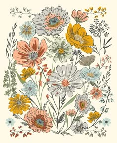 an illustration of colorful flowers with leaves and stems on a white background, in the center is