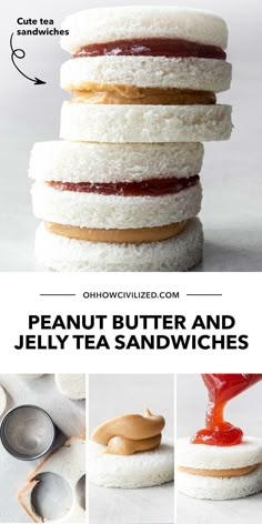 an advertisement for jelly tea sandwiches with peanut butter and jelly on top, in three different photos