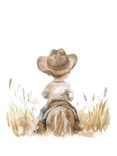 a watercolor painting of a boy on a horse wearing a cowboy hat sitting in the grass