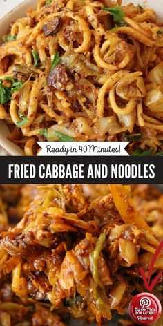 two pictures showing different types of food and the words fried cabbage and noodles on them