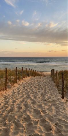 a sandy path leading to the beach with ocean and sky in the background at sunset