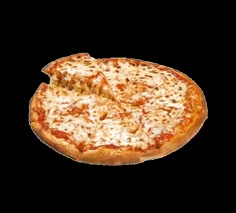 a cheese pizza on a white background with one slice missing from the pizza and another piece is in the foreground