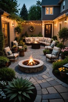 a fire pit in the middle of a patio