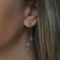 Karita Moon & Star Double Chain Earrings | Sterling Silver | LUNA CHARLES | Wolf & Badger Moon And Star Earrings, Vegas Elopement, June Birthstone Jewelry, Gifts For New Mums, Pearl Jewellery Earrings, Double Chain, Silver Moon, Moon Charm, Delicate Chain