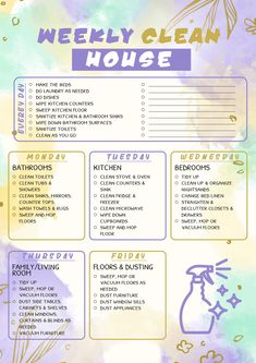 the weekly clean house checklist is shown in blue and yellow watercolors, with text