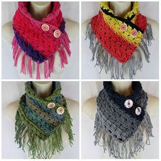 four different colors of crocheted scarves with buttons and fringes on them