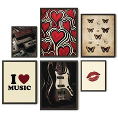 four framed art pieces with different designs and colors on them, including one guitar, the other an i love music