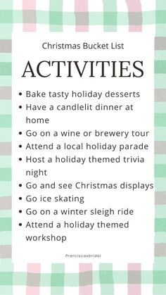 a christmas bucket list with the words activities