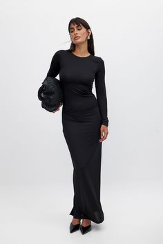 Long Sleeve Maxi Dress Black | NA-KD Stretch Maxi Dress With Ruched Back, Black Long Sleeve Midi Dress With Side Slits, Black Midi Dress With Long Sleeves And Side Slits, Bodycon Long Sleeve Ruched Maxi Dress, Sleek Black Long Sleeve Maxi Dress, Black Long Sleeve Dress With Ruched Back, Long Sleeve Maxi Dress Black, Boat Neck Long Sleeve, Maxi Dress Black