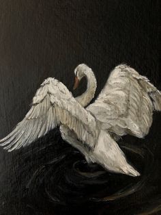 a painting of a white swan floating on top of the water with its wings spread out