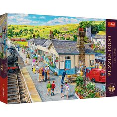 a jigsaw puzzle box with people on the train tracks and a train station