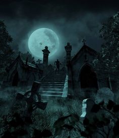 a man walking up some steps in front of a full moon and creepy graveyard with trees