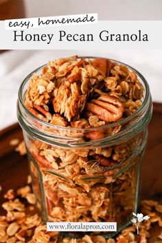 homemade honey pecan granola in a glass jar