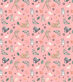 a pink background with animals and flowers on it