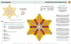 an open book with beading instructions and pictures on the page, showing how to make a snowflake ornament