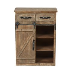 an old wooden cabinet with two open doors and metal handles on the door, against a white background