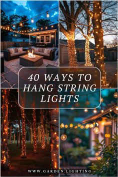 a collage of photos of a backyard with string lights Outdoor String Lights Backyard, Outdoor String Lighting Ideas, Outdoor String Lighting, Backyard Party Lighting, Porch String Lights