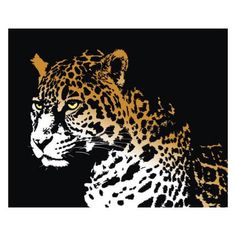 a black and gold leopard with yellow eyes canvas print on the back of a wall