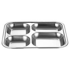 three compartment stainless steel tray with dividers on the bottom and two compartments in each side