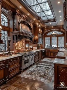 a large kitchen with wooden cabinets and marble counter tops, along with an area rug on the hardwood flooring