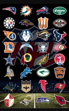 the nfl logo is displayed on a football field with many different teams and logos around it