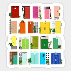 an assortment of colorful doors and windows in various shapes, sizes, and colors on a white background