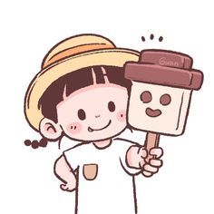 a little boy with a hat holding an ice cream