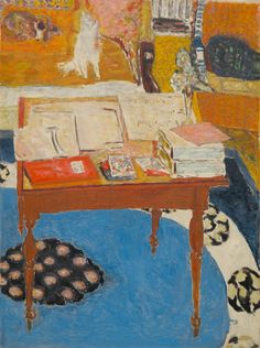 a painting of a dog on a table next to a chair and bookshelf