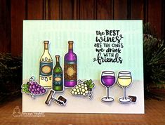 a card with wine bottles and glasses on it