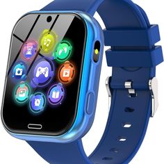 an image of a blue smart watch with icons on the screen and wristbands