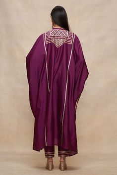 Wine chanderi silk kaftan featuring dual tone gota patti embellished geometric patterns. - Aza Fashions Kaftan For Women, Silk Kaftan, Buy Wine, Geometric Patterns, Aza Fashion, Geometric Pattern, The 100, Wine, Silk