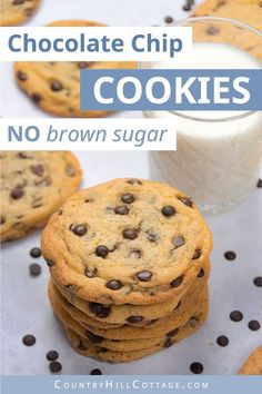 chocolate chip cookies are stacked on top of each other next to a glass of milk