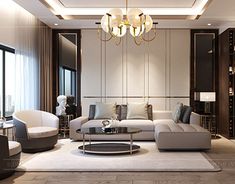 a living room filled with furniture and a chandelier