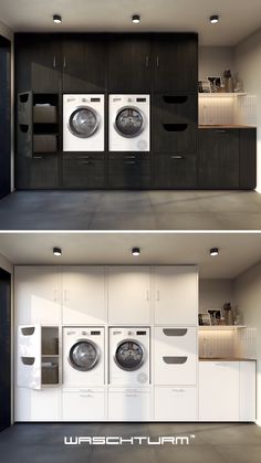 two pictures of the same room with washers and dryers in it, one is empty