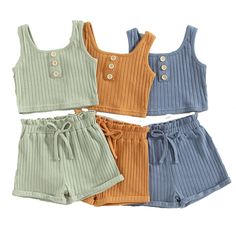 Summer Playwear Set With Shorts, Summer Playwear Set Shorts, Summer Playwear Short Set, Cute Summer Short Set For Playtime, Casual Summer Playtime Short Set, Casual Summer Short Set For Playtime, Sleeveless Summer Short Set, Sleeveless Matching Set Crop Top For Summer, Playful Sleeveless Crop Top For Summer