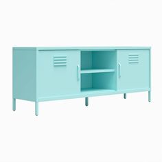 a light blue cabinet with two doors and shelves