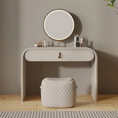 a white vanity with a round mirror above it and a basket on the floor next to it