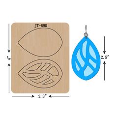 a wooden keychain with an image of a leaf on it and a blue drop shaped