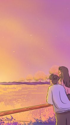 two people looking out at the sunset over a body of water with an airplane in the sky