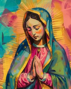 a painting of the virgin mary holding her hands together