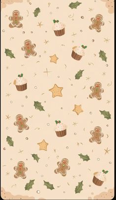 a christmas themed wallpaper with gingerbreads, holly and star decorations on it