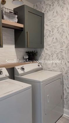 a washer and dryer in a small laundry room makeover with wallpaper