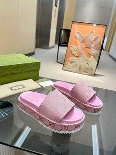 #pink #gucci #slides #gucci #pinterest #luxury #black #girlboss Pink Gucci Slides, Cute Slides, Gucci Shoes Sneakers, Goal List, Designer Slides