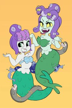 two cartoon mermaids sitting on top of each other