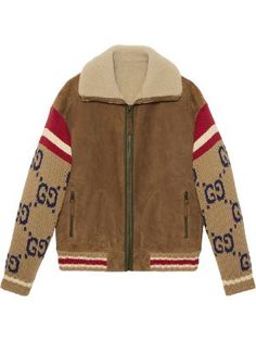 Gucci Jeans, Designer Leather Jackets, Gucci Jacket, Mens Jackets Casual, Brown Suede Jacket, Knit Sleeve, Line Jackets, Shearling Jacket, Suede Jacket