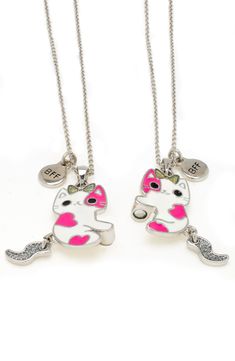 This beautiful necklace set features two pink-and-white enamel cats that magnetically connect so you and your bestie can celebrate your special friendship. 14" length; 2" extender Silvertone plate Imported Bff Necklaces, Cat Necklace, Beautiful Necklace, Your Special, White Enamel, Kids Stuff, Beautiful Necklaces, Necklace Set, Silver Tone